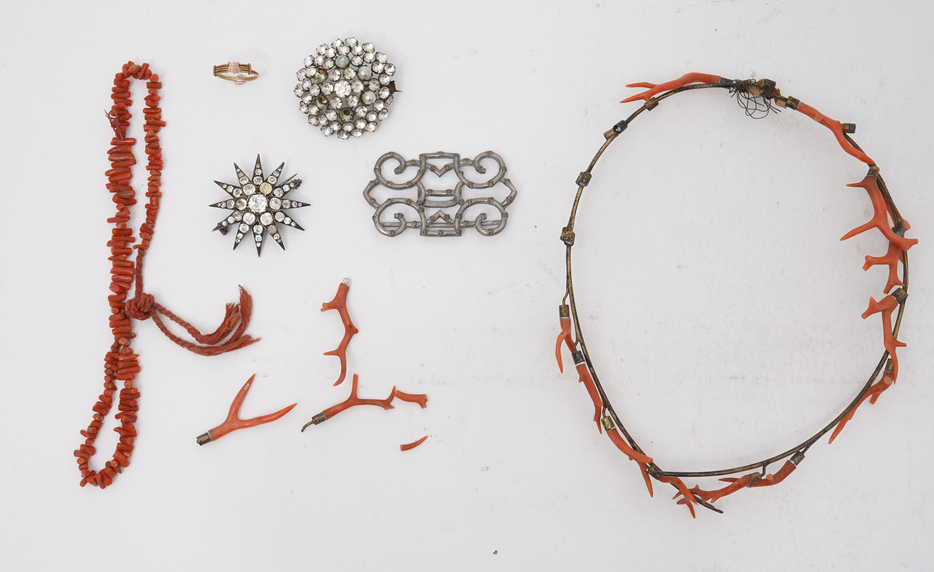 A collection of jewels including a coral tiara, 19th century